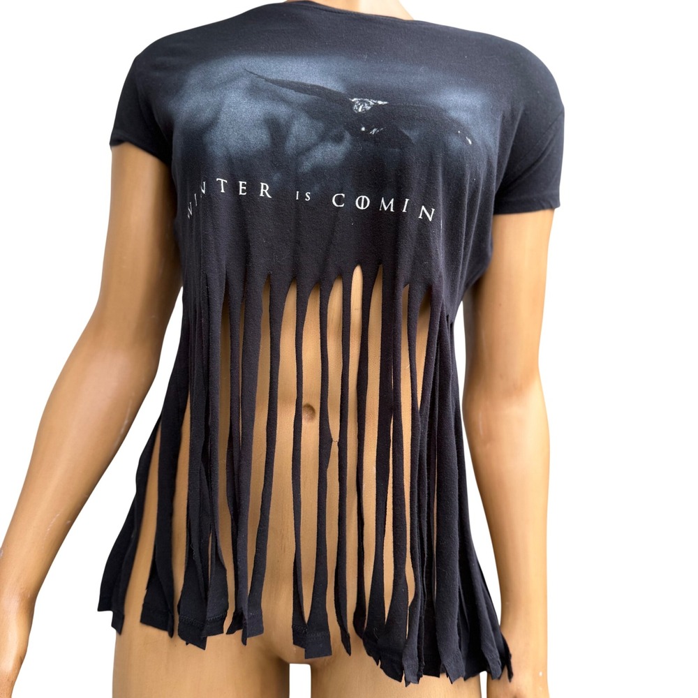 Game of Thrones Winter Is Coming Shredded Fringe Graphic Tee Grunge Edgy Black S
